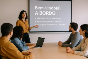 Onboarding corporativo tradicional com apresentação em slides para novos colaboradores