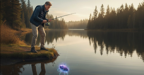 Homem com expressão frustrada, usando colete puffer e pescando em pé sobre um pedaço de terra.